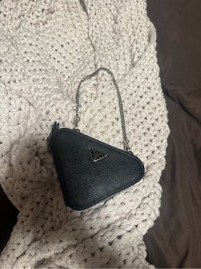 Prada Black Triangle Saffiano Mini Bag with Silver Chain
